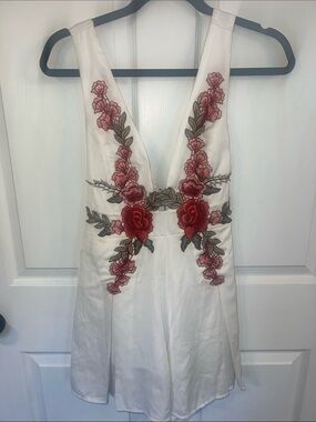 White Floral Embroidered V-Neck Romper